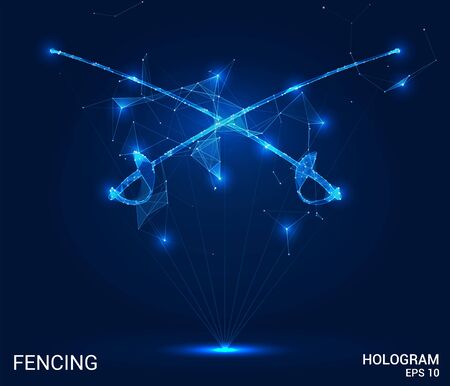 Hologram fencing. Swords for fencing from polygons, triangles of points and lines. Fencing is a low-poly compound structure. The technology conceptのイラスト素材