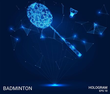 Hologram of badminton. Racket and shuttlecock made of polygons, triangles of points and lines. Badminton is a low-poly compound structure. The technology conceptのイラスト素材