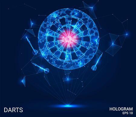 Hologram of Darts. Darts and a dartboard made of polygons, triangles of points and lines. Darts are a low-poly compound structure. The technology conceptのイラスト素材