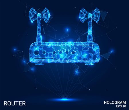 Hologram router. Wireless Internet from polygons, triangles, points and lines. The router has a low-poly connection structure. The technology conceptのイラスト素材