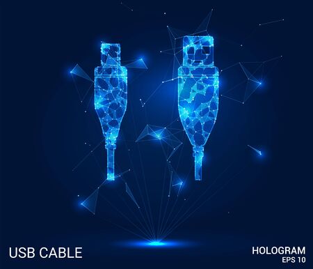Hologram USB cable. USB cable made of polygons, triangles of points and lines. USB cable is a low-poly connection structure. The technology conceptのイラスト素材