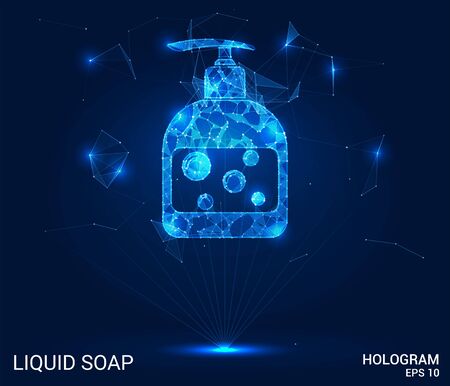 Hologram soap. Liquid soap made of polygons, triangles of points and lines. Hand wash is a low-poly joint structure. The technology conceptのイラスト素材