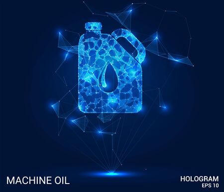 Hologram engine oil. A can of oil made of polygons, triangles of points and lines. Engine oil is a low-poly compound structure. The technology conceptのイラスト素材