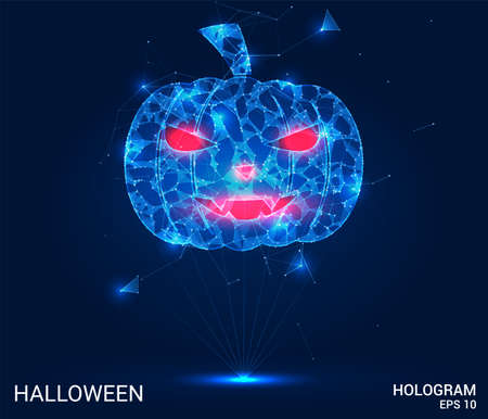 Halloween hologram. Pumpkin of polygons, triangles of points and lines. Halloween pumpkin low poly compound structure. The technology conceptのイラスト素材