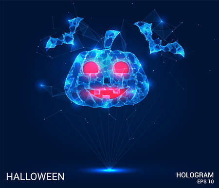Halloween hologram. Pumpkin of polygons, triangles of points and lines. Halloween pumpkin low poly compound structure. The technology conceptのイラスト素材
