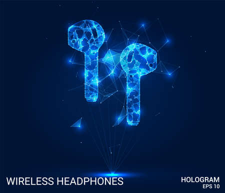 Hologram wireless headphones. Wireless headphones made of polygons, triangles of dots and lines. Wireless headphones are low-poly connection structure. The technology conceptのイラスト素材