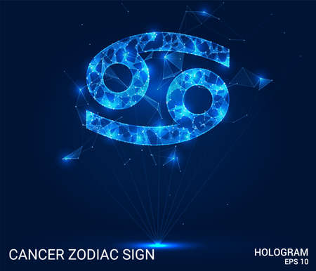 The hologram of the Cancer zodiac sign. Cancer is a zodiac sign made up of polygons, triangles, points, and lines. Cancer zodiac sign low-poly compound structure. The technology conceptのイラスト素材