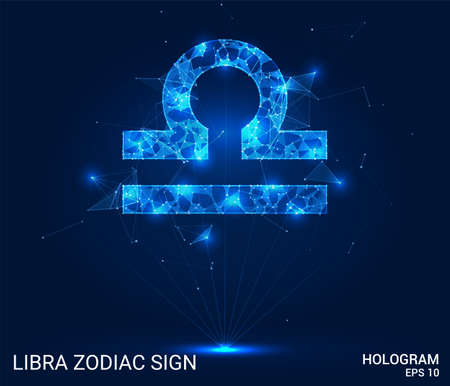 Hologram Libra zodiac sign. Libra is a zodiac sign made up of polygons, triangles, points, and lines. Libra zodiac sign is a low-poly compound structure. The technology conceptのイラスト素材