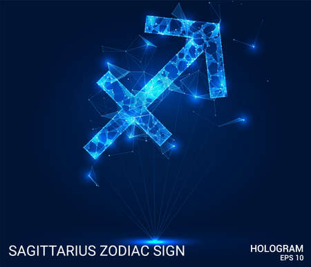 Hologram of Sagittarius zodiac sign. Sagittarius is a zodiac sign made up of polygons, triangles, points, and lines. Sagittarius zodiac sign low poly compound structure. The technology conceptのイラスト素材