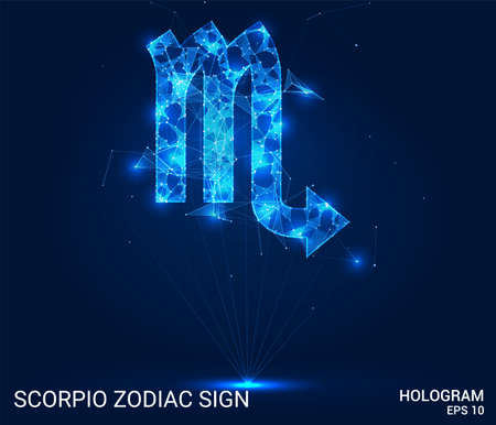 Hologram of Scorpio zodiac sign. Scorpio is a zodiac sign made up of polygons, triangles, points, and lines. Scorpio zodiac sign low poly compound structure. The technology conceptのイラスト素材