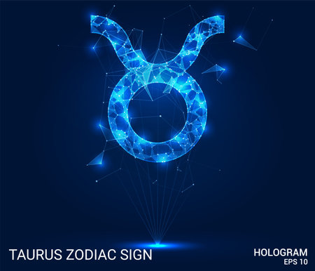 Hologram of Taurus zodiac sign. Taurus is a zodiac sign made up of polygons, triangles, points, and...