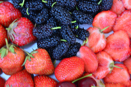 Background from berries and fruitsの写真素材