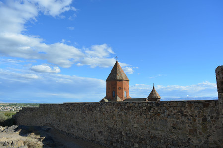 Armenian monastery, Khor Virap, landscape, blue sky, cloudsの写真素材