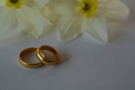 Two wedding gold ring isolated on white backgroundの写真素材