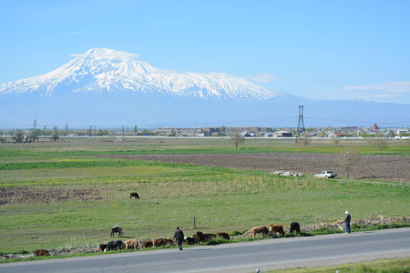 Armenian landscape, mountains, nature, blue sky, greenの写真素材