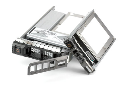 Two different hard drives assembled in hot-swappable carriers