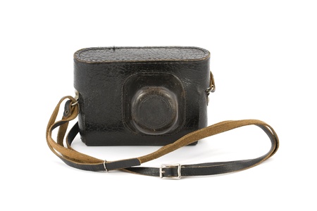 Vintage camera in the leather carry-case isolated on pure whiteの写真素材