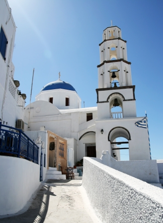 Low-angle view at the path leading to Greek church on Santorini islandの写真素材