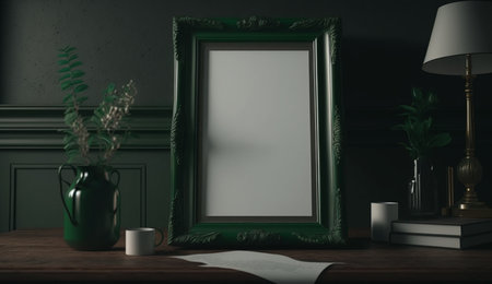 An eye catching illustration of "Mockup frame close up in dark green farmhouse living room interior". Created using Generative AI tools.の素材