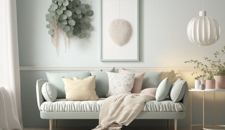 An eye catching illustration of "Mockup frame in interior background, room in light pastel colors, Scandi-Boho style". Created using Generative AI tools.の素材