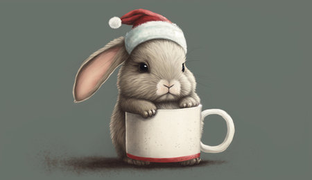 An eye catching illustration of "Illustration of Cute Christmas Bunny Rabbit with Mug". Created using Generative AI tools.の素材