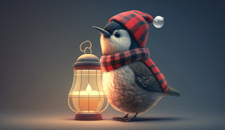 An eye catching illustration of "Illustration of Christmas Chickadee in Plaid Cap with Lamp". Created using Generative AI tools.の素材