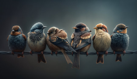 An eye catching illustration of "birds sitting on a wire". Created using Generative AI tools.の素材