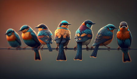 An eye catching illustration of "birds sitting on a wire". Created using Generative AI tools.の素材