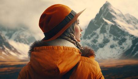 An eye catching illustration of "Young Woman Wearing Orange Jacket and Hat Looking at the Mountains". Created using Generative AI tools.の素材