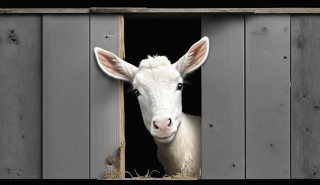 An eye catching illustration of "Illustration of White Baby Goat Peeking Out Barn". Created using Generative AI tools.の素材