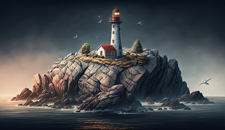 An eye catching illustration of "Illustration of a Lighthouse on a Rocky Island". Created using Generative AI tools.の素材