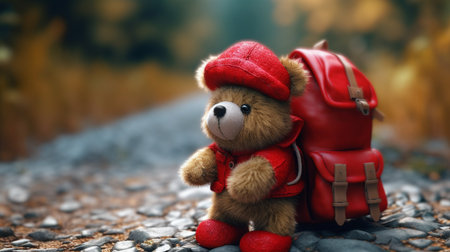An eye catching illustration of "Cute teddy bear with a red hat and backpack". Created using Generative AI tools.の素材