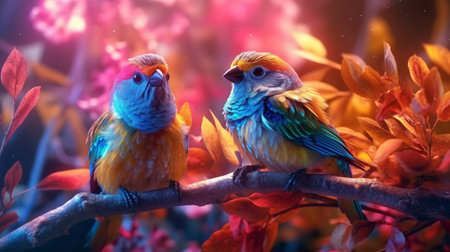 An eye catching illustration of "Delicate small birds and bright, beautiful, sparkling colors". Created using Generative AI tools.の素材