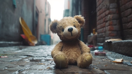 An eye catching illustration of "Old dirty teddy bear neglected on Dirty back street alley". Created using Generative AI tools.の素材