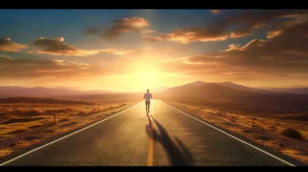 An eye catching illustration of "Runner on the road, with background of beautiful view and sunlight". Created using Generative AI tools.の素材
