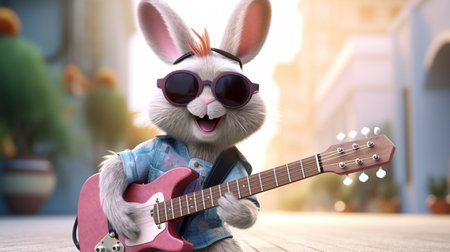 An eye catching illustration of "Cute cartoon bunny with sunglasses and a guitar". Created using Generative AI tools.の素材