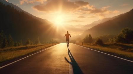 An eye catching illustration of "Runner on the road, with background of beautiful view and sunlight". Created using Generative AI tools.の素材