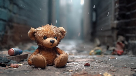 An eye catching illustration of "Old dirty teddy bear neglected on Dirty back street alley". Created using Generative AI tools.の素材