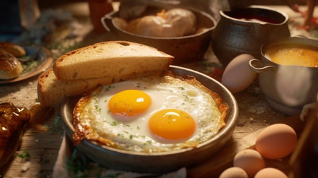 An eye catching illustration of "Breakfast with fried eggs, bread and coffee". Created using Generative AI tools.の素材