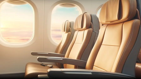 An eye catching illustration of "First class business luxury seats for vacations or corporate airplane travel". Created using Generative AI tools.の素材