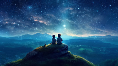 An eye catching illustration of "Child looking at the night sky". Created using Generative AI tools.の素材