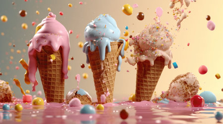 An eye catching illustration of "Melting ice cream cones with splashes". Created using Generative AI tools.の素材