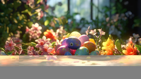 An eye catching illustration of "Easter eggs and flowers". Created using Generative AI tools.の素材