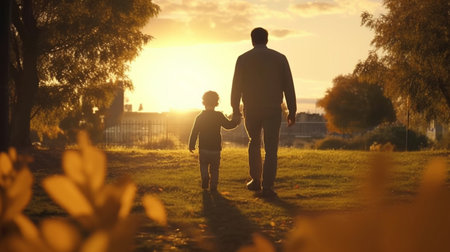 An eye catching illustration of "Father and child in the golden hour". Created using Generative AI tools.の素材