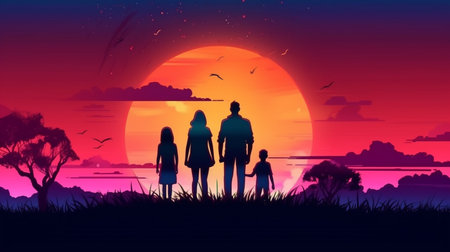 An eye catching illustration of "Family concept, family at sunset background". Created using Generative AI tools.の素材