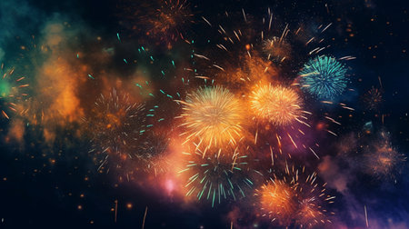 An eye catching illustration of "Fireworks in the night sky". Created using Generative AI tools.の素材
