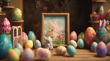 An eye catching illustration of "Happy Easter background with message, frame and easter eggs scene". Created using Generative AI tools.の素材