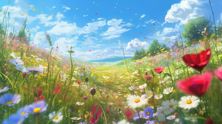 An eye catching illustration of "Illustration of a flower meadow in spring". Created using Generative AI tools.の素材