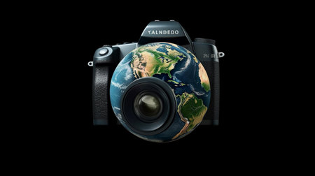 An eye catching illustration of "World photography day earth globe in form of camera illustration". Created using Generative AI tools.の素材