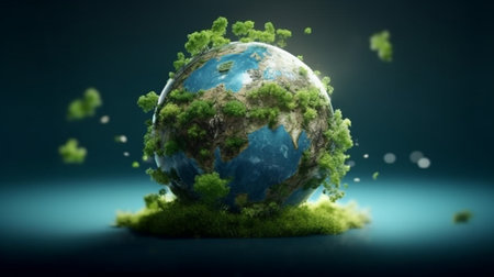 An eye catching illustration of "World environment and mother earth day concept with globe and eco friendly environment". Created using Generative AI tools.の素材